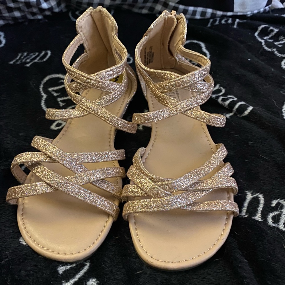 These shoes have pretty sparkles on them and the color of the shoes is rose gold